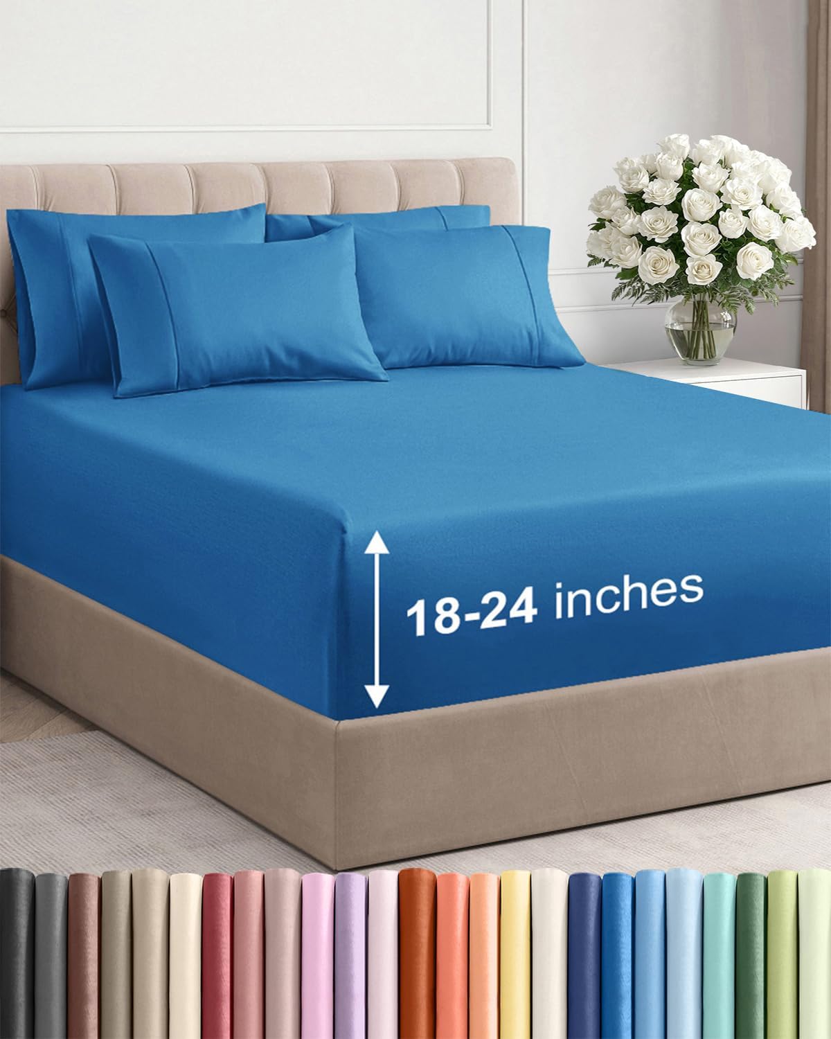 Skiennix Extra Deep Full Sheet Set - 6 Piece Breathable Cooling Sheets - Hotel Luxury Bedding - Denim Blue