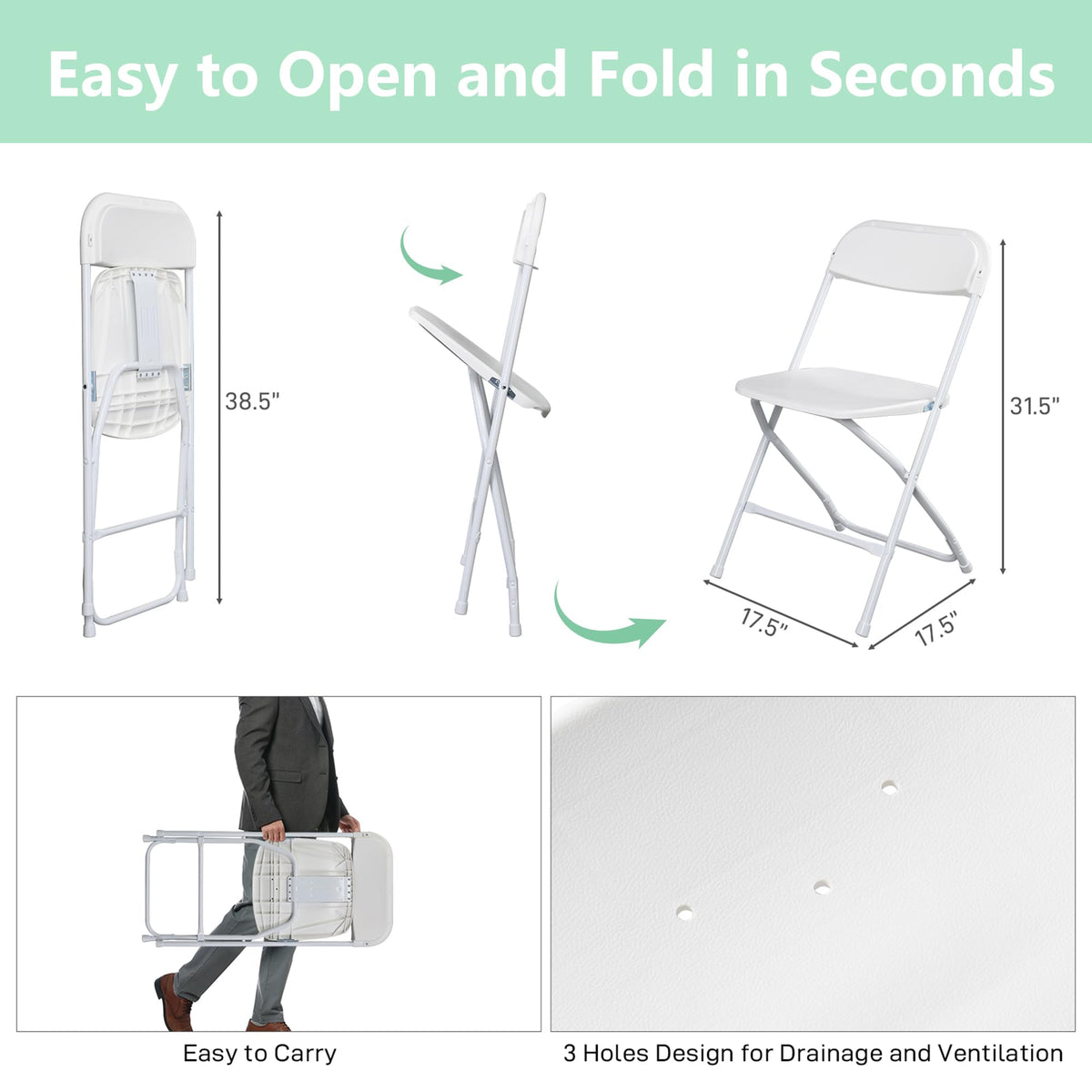 OLLODOT 50 Pack White Folding Chairs with 350-LBS Capacity, Lightweight Portable Indoor Outdoor Chairs, Stackable Commercial Seat with Steel Frame for Office, Party, Events, Wedding, Kitchen &Dinning