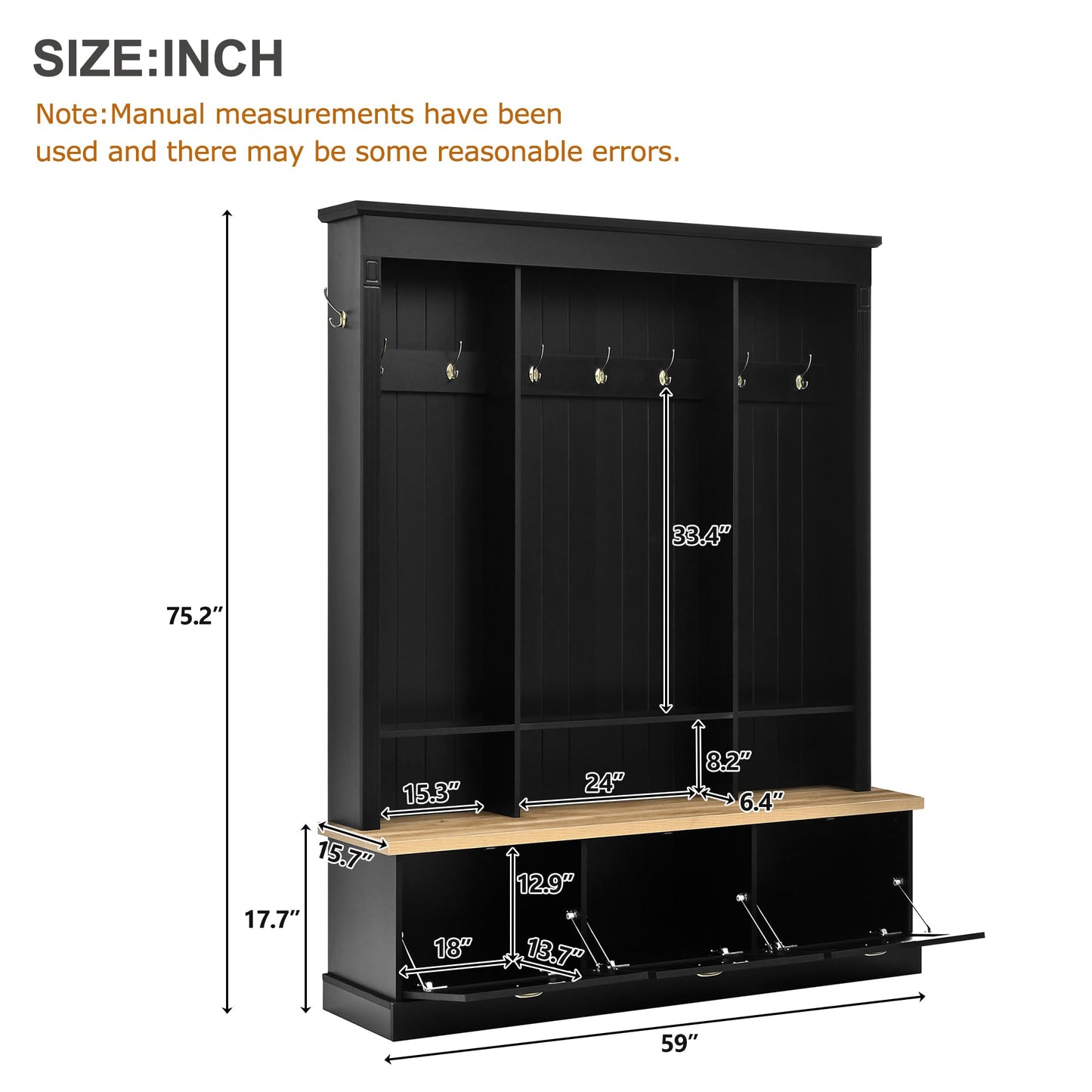 Merax Hall Tree with Bench with LED, 9 Hooks & 3 Cabinets, Farmhouse Entryway Storage Organizer with Rack, Hall Tree with Bench and Storage, Black