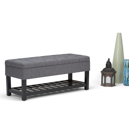 SIMPLIHOME Saxon Storage Ottoman Bench - 43 inch Wide Upholstered Linen Look Fabric Rectangle Storage Ottoman in Slate Grey, Transitional Bench for Bedroom with Tufted Lift-Top and Open Bottom Shelf