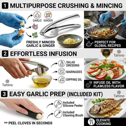 TAHINO Stainless Steel Garlic Press – Heavy Duty Manual Garlic Crusher & Mincer, Ergonomic Handheld Garlic Press Tool for Kitchen, Easy Squeeze & Durable Garlic Crusher