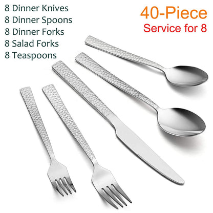 E-far Hammered Silverware Set, 40-Piece Stainless Steel Square Flatware Set for 8, Metal Tableware Cutlery Set Includes Dinner Knives/Forks/Spoons, Modern Design & Mirror Polished - Dishwasher Safe