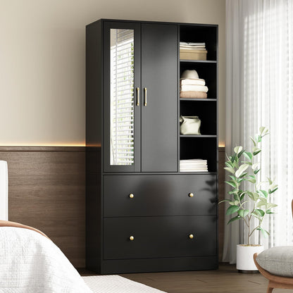 Homsee Wardrobe Armoire Wooden Closet with Mirror, 2 Doors, 2 Drawers, 4 Open Storage Cubes and Hanging Rod for Bedroom, Black (35.5”L x 15.8”W x 70.8”H)