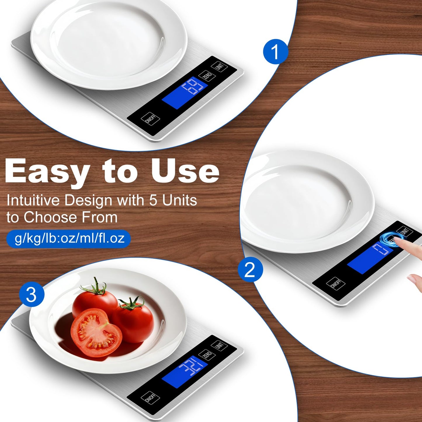 Girwu Food Scale, 22lb Digital Kitchen Scale with 1g/0.1oz Accuracy, 5 Units (g/kg/lb:oz/ml/fl.oz), Backlit LCD, 9x6.3x0.8 Inch Stainless Steel Panel, Hidden Hook, Batteries Included