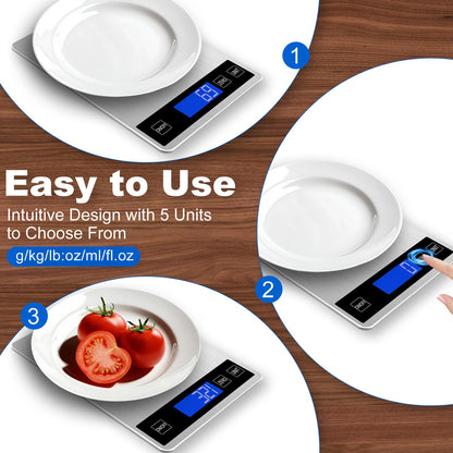 Girwu Food Scale, 22lb Digital Kitchen Scale with 1g/0.1oz Accuracy, 5 Units (g/kg/lb:oz/ml/fl.oz), Backlit LCD, 9x6.3x0.8 Inch Stainless Steel Panel, Hidden Hook, Batteries Included