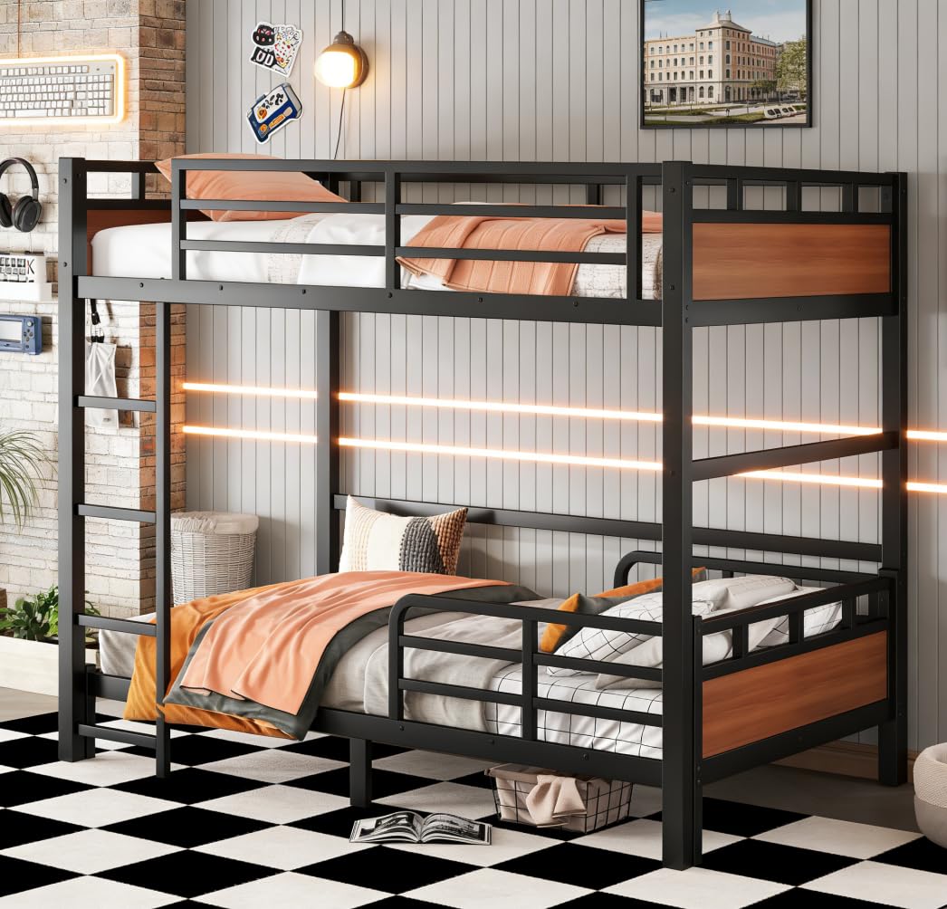 Bellemave Detachable Bunk Bed Full Over Full, Metal Bunk Bed with Guardrails, Full Size Loft beds for Kids, Teens & Adults（Walnut Color）