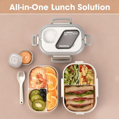 PEDECO All-in-one Bento Lunch Box Set for Adults & Kids with Insulated Bag, Leakproof 3-Compartment and 2-Tier Stackable Container with Portable Sauce Pod, Microwave/Dishwasher Safe, BPA-Free (White)