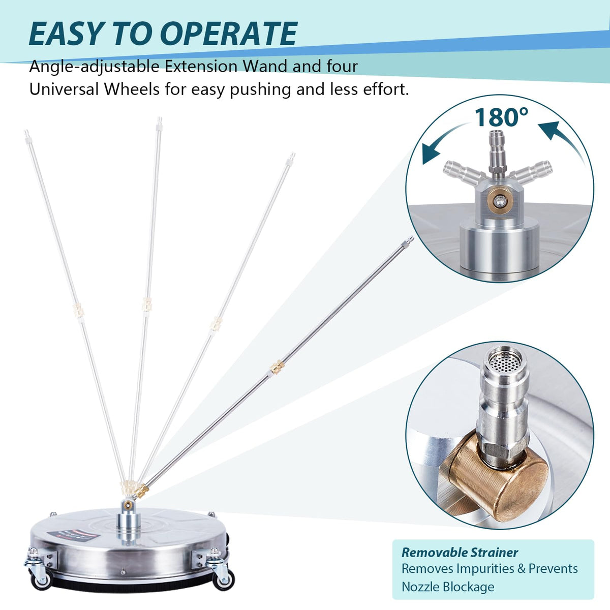 Pressure Washer Surface Cleaner w/Handles & Wheels, Stainless Steel Concrete Cleaner 4000 Max PSI, 3/8" Connector & 1/4" Adapter Power Washer Floor Attachment for Driveways, Sidewalks,Patios,Deck