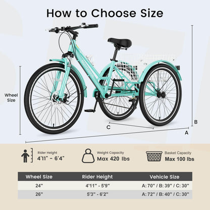 EOYOBIKE 7-Speed Adult Tricycle, 24/26/27.5 Inch 3-Wheel Bike with 420 lbs Capacity, All-Terrain Mountain Trike, Dual Disc Brakes & Large Rear Basket for Seniors, Men, Women, Fitness, Shopping