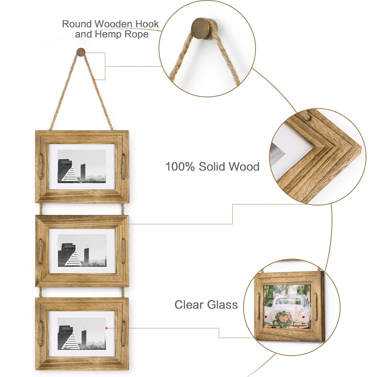 DLQuarts 5x7 Hanging Picture Frames Collage Wall Decor, 3-Opening Photo Frames 5x7 without Mat & 3.5x5 with Mat, Rustic Wood, Carbonized Black