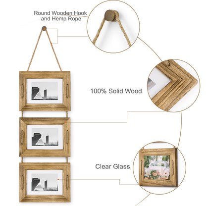 DLQuarts 5x7 Hanging Picture Frames Collage Wall Decor, 3-Opening Photo Frames 5x7 without Mat & 3.5x5 with Mat, Rustic Wood, Carbonized Black
