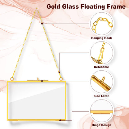 Chunful 9 Pieces Double Glass Frame for Pressed Flowers Hanging Picture Frames Photo Display Gold Metal Brass Floating Frame with Chain for Artwork Art Specimen Wall Plant DIY Gallery, 3 Sizes