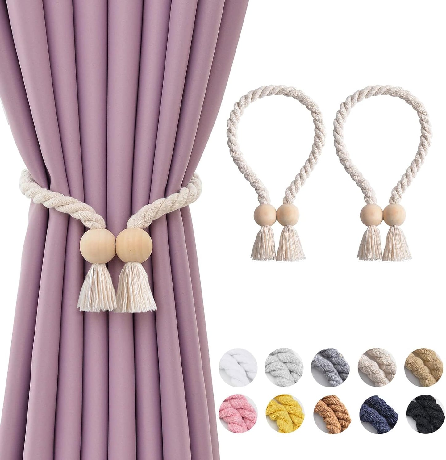 2 Pack NICEEC Wooden Ball Magnetic Curtain Tiebacks Boho Home Decor Drape Tie Backs Natural Cotton Hand Woven Rope