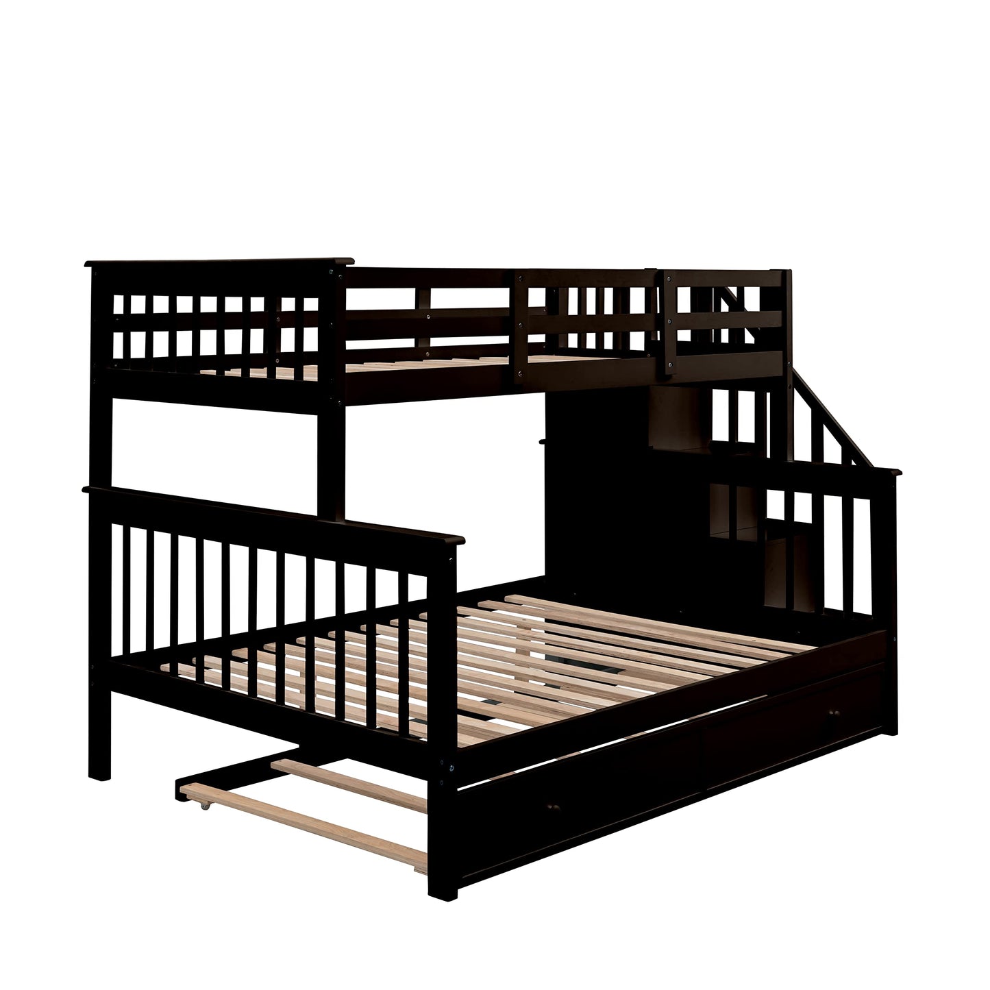 Merax Stairway Twin-Over-Full Bunk Bed with Twin Size Trundle, Storage and Guard Rail for Bedroom, Dorm, for Adults, Espresso
