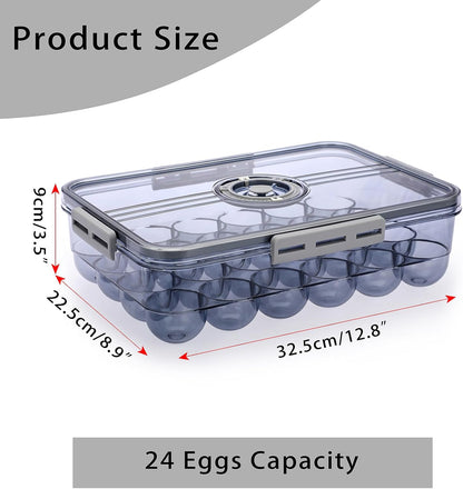 BTSKY Premium Plastic Egg Holder for Fridge - 24 Count Egg Container with Time Reminder and Lid, Reusable Stackable Egg