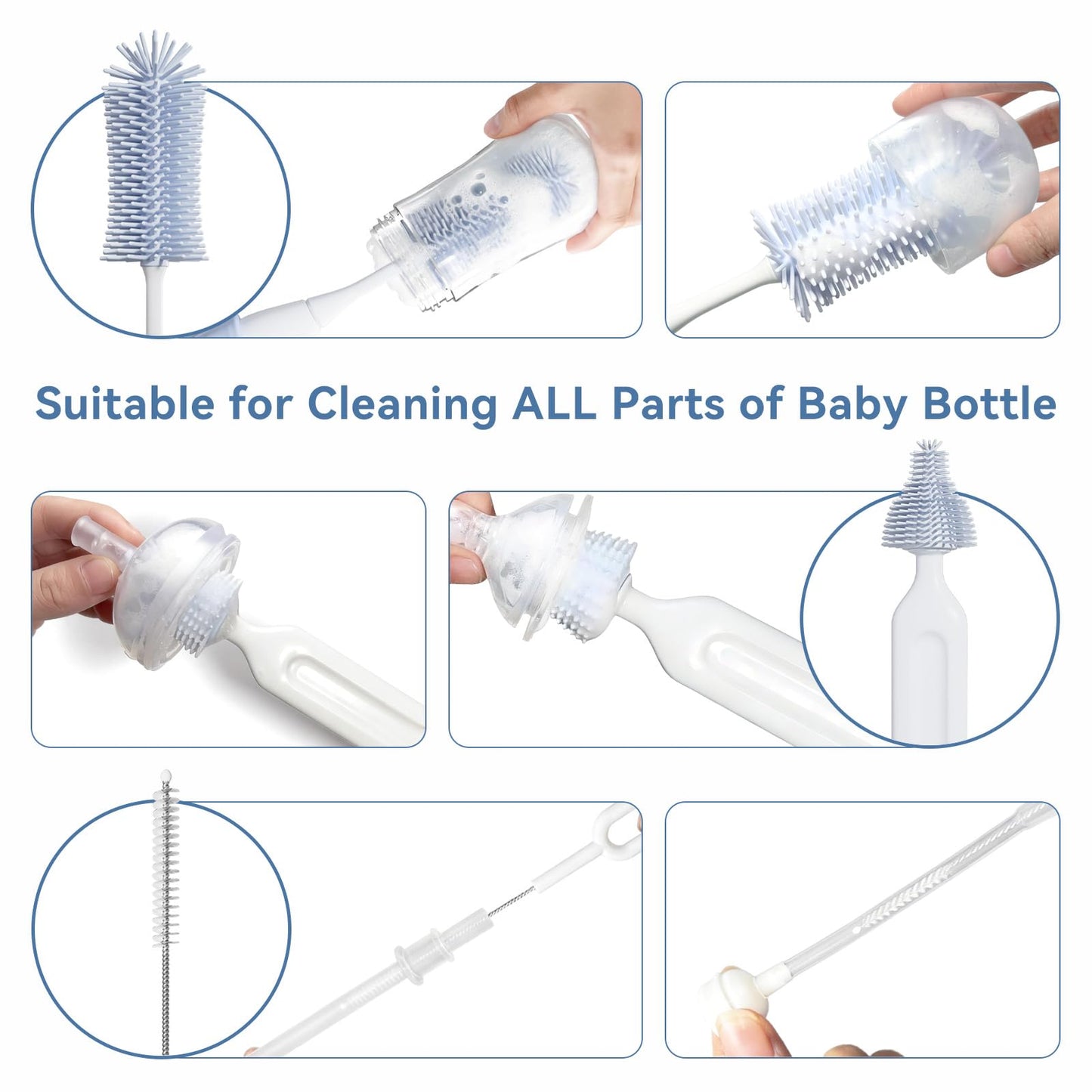 Swishine Baby Bottle Brush Set, Innovative Efficient Press-to-Spin Brush Cleaner - Includes Silicone Bottle Brush, Nipple Brush, Straw Cleaner - Spinning Generates Rich Foam for Deep Cleaning, Blue
