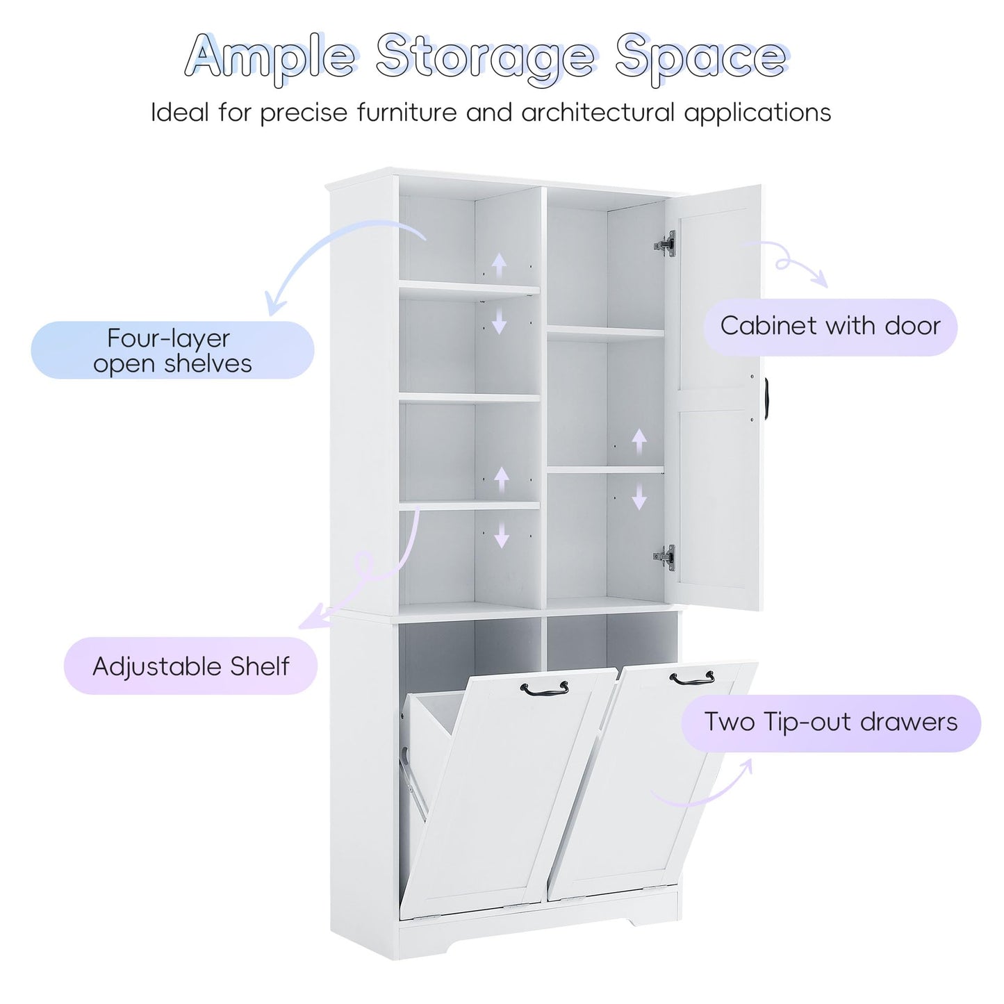 68" Tall Bathroom Storage Cabinet with One Door and Two Laundry Hampers for Home Display Organizer, Adjustable Shelf, White