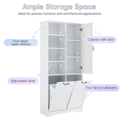 Merax Cabinet with Tilt-Out Laundry Hamper Basket, Tall Bathroom Storage Organizer Linen with Open Shelf for Home, Freestanding, White