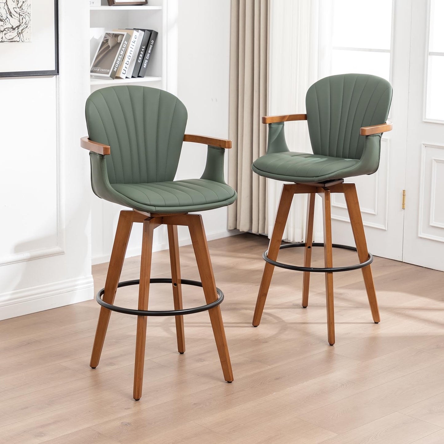 LUNLING 30” Bar Height Stools Set of 3.Mid Century Modern Bar Stools,Green PU Leather Kitchen Island Stools,Wood High Barstools Swivel with Back and Arms for Home Bar Furniture