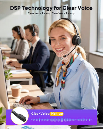 Wireless Headset with Mic for Work, Clear Sound ＆ Comfortable ＆ Stable Connection, Bluetooth Headphones with Microphone, Wireless Headset with Charging Base & USB Dongle for Office/Home/Call Center