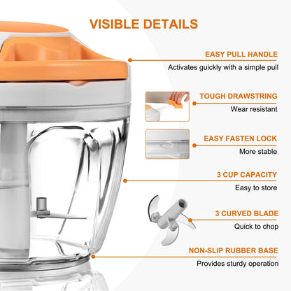 Manual Food Processor Vegetable Chopper, Portable Hand Pull String Garlic Mincer Onion Cutter for Veggies, Ginger, Fruits, Nuts, Herbs, etc., 650ml