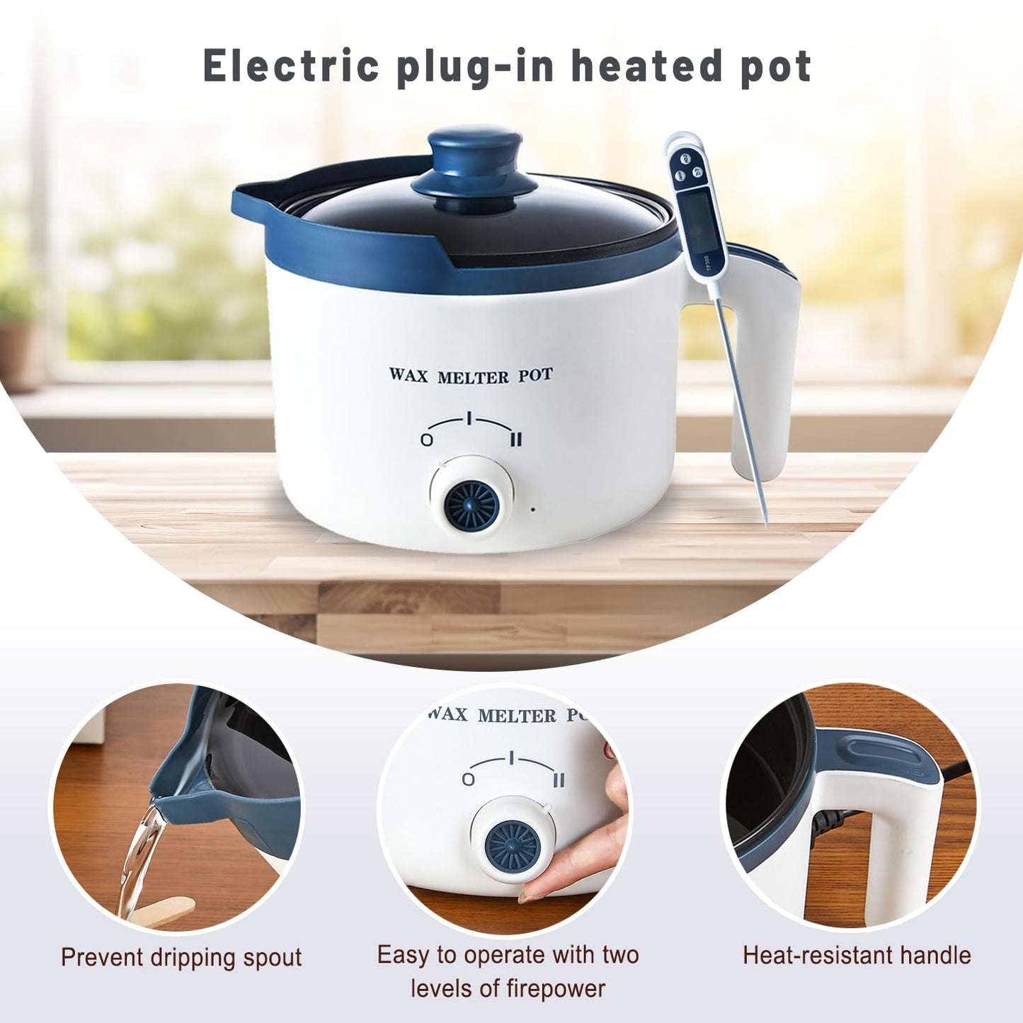KQU Wax Melting Pot with Thermometer, Electric Wax Melter for Candle Making with Spout, Small Double Boiler Pot Set for Beginner Adults