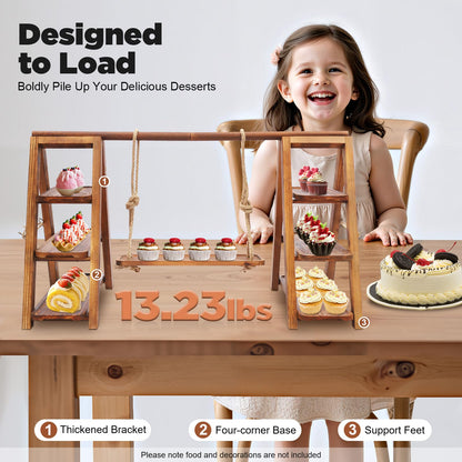 3-Tier Wooden Swing Cupcake with Serving, Dessert Stand with Adjustable Trays - Rustic Farmhouse Serving Tray for Cakes, Cupcakes, Candy Display | Sturdy 13.23lbs, Party, Birthday & Wedding Decor