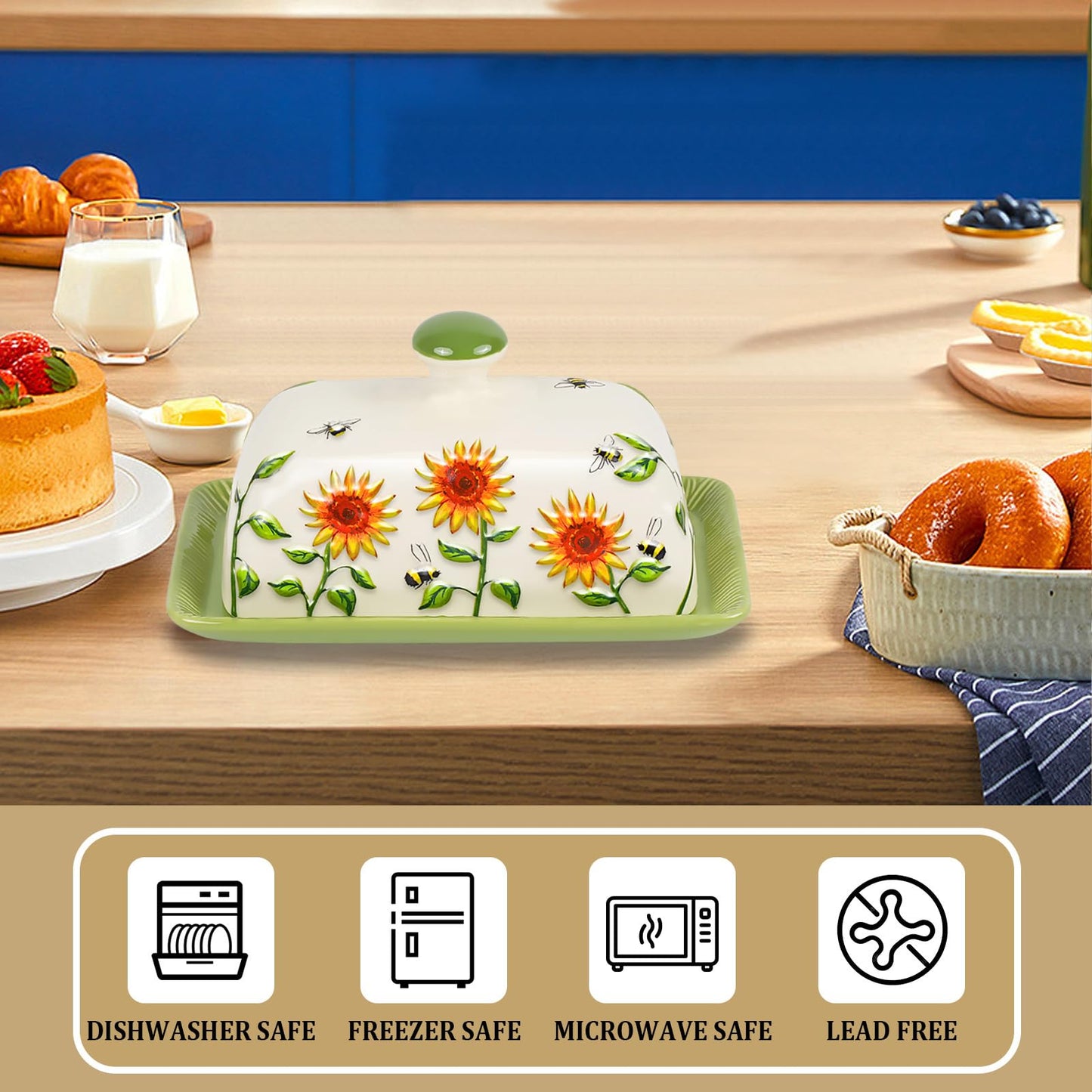 Butter Dish with Lid for Countertop, Sunflower Butter Keeper Holder, 7.5”x4.3” Large Ceramic Butter Tray Storage Sunflower Decor Valentine's Day Mother's Day Gifts
