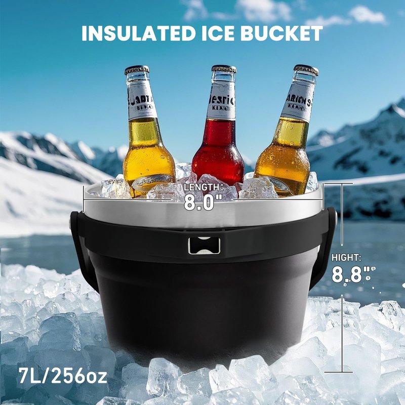 COKTIK 7L Vacuum Insulated Ice Bucket with Lid and Scoop& Tongs，Large capacity Stainless Steel Beverage Bucket for Cocktail, Champagne, Wine, Beer，Large Parties（Carbon Black Suit）
