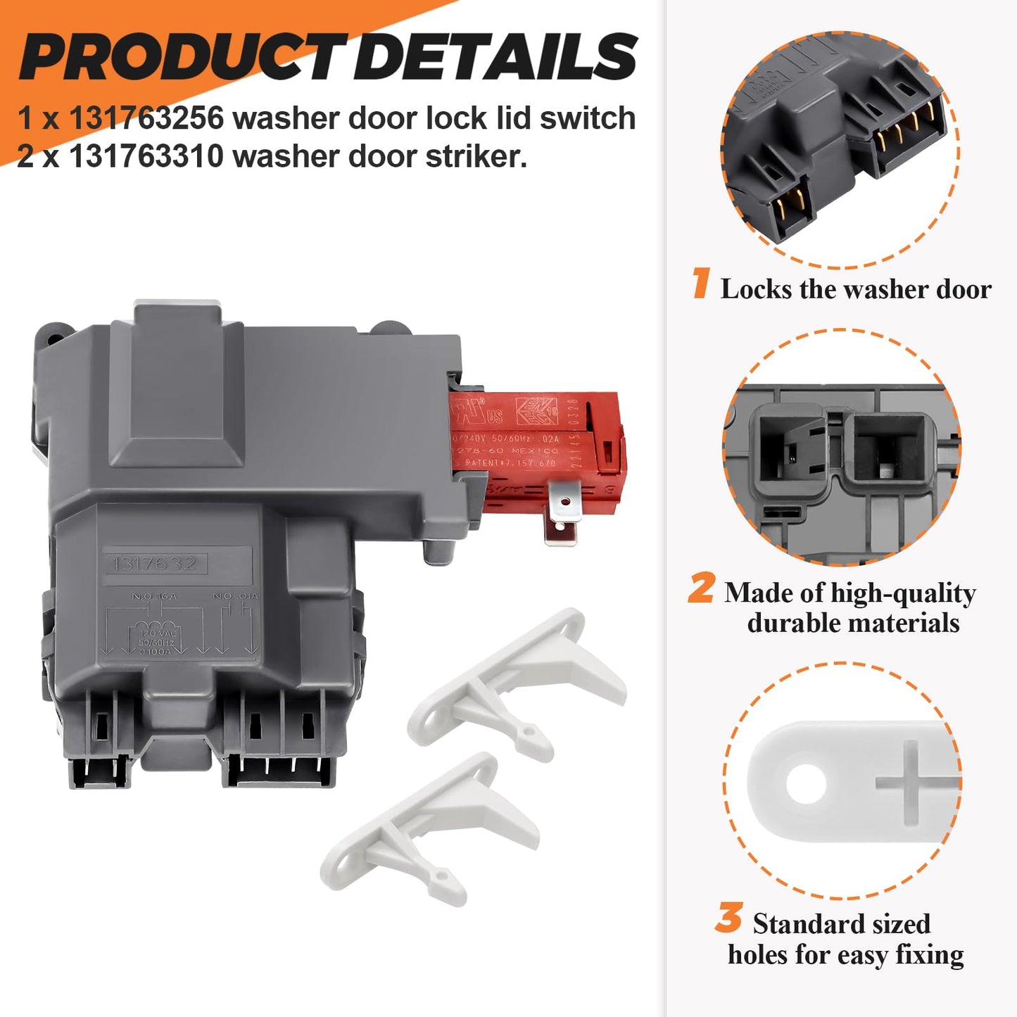 131763256 1317632 131763202 Washer Door Latch Lock 131763310 Washer Door Striker Kit Fit for Frigidaire Kenmore Crosley Electrolux Washer Replace FAFW4011LW0 GLTF2940FS1 by Beaquicy