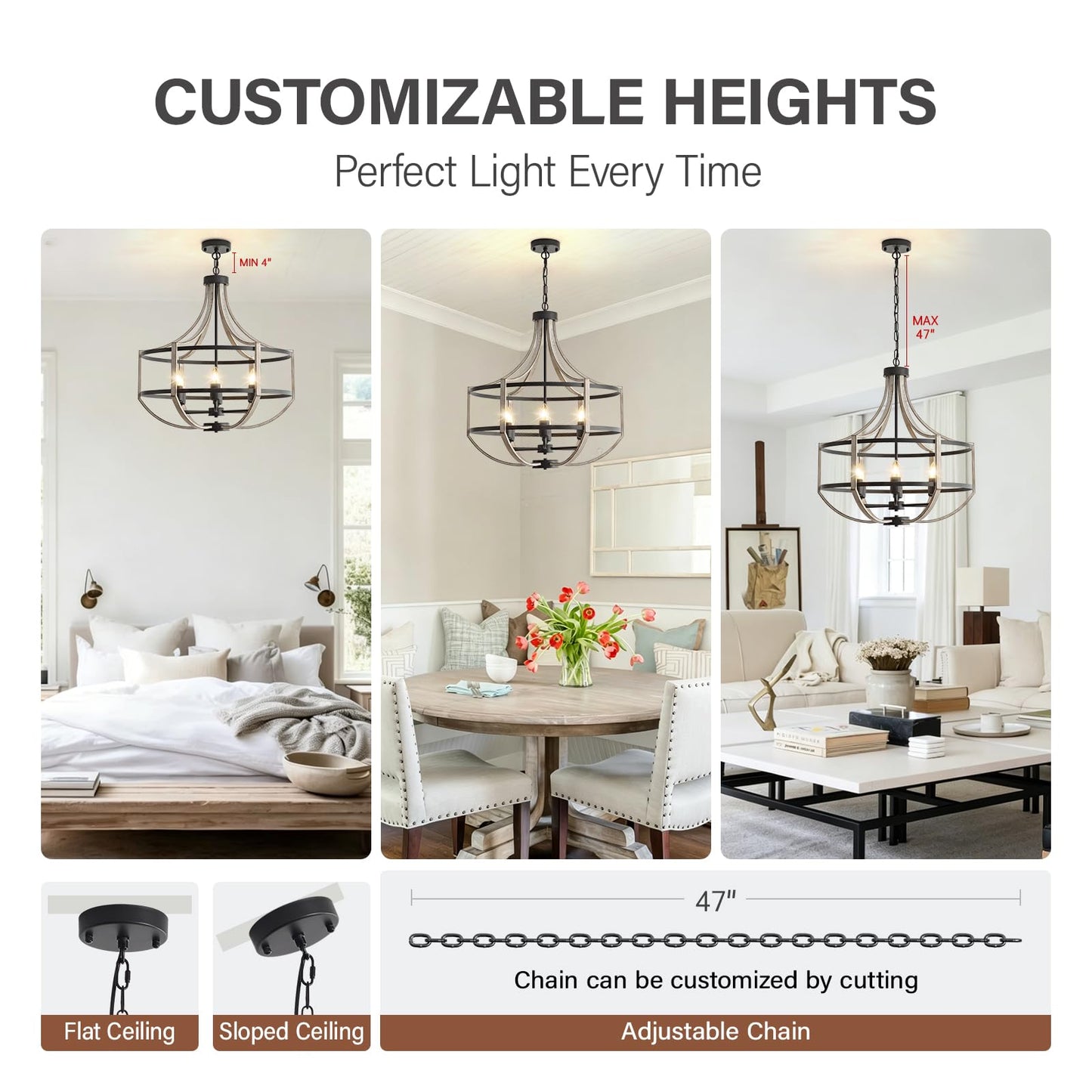 23.6" Farmhouse Chandelier for Dining Room, 6-Light Distressed White Faux Wood Pendant Light Fixtures, Antique Vintage Foyer Chandelier for Entryway Kitchen Island Living Room