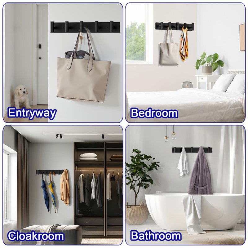 Bntuk Coat Rack Wall Mount - 5 Coat Hooks, Towel Racks for Bathroom Robes Bags Keys, Hat Rack Wall Towel Hooks Organizer Essential (Black)