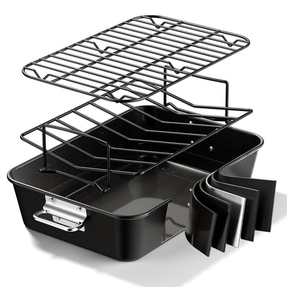 Armorbear Turkey Roasting Pan with Rack Non stick Carbon Steel Roaster 16x11 Inch, Dishwasher Safe, Deep Baking Broiler Pan for Oven Chicken, Bacon, Black