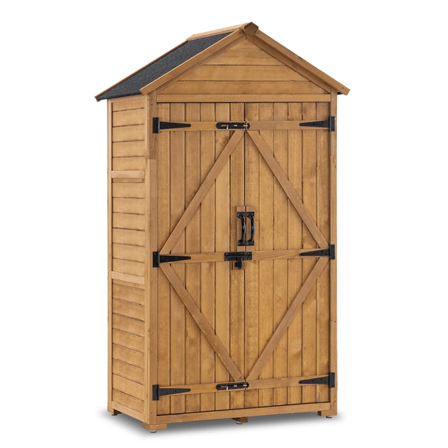 MCombo Outdoor Storage Cabinet with 2 Shelves, Outside Storage Shed with Floor, Wooden Garden Tool Shed with Latch for Yard Deck Lawn, 1000