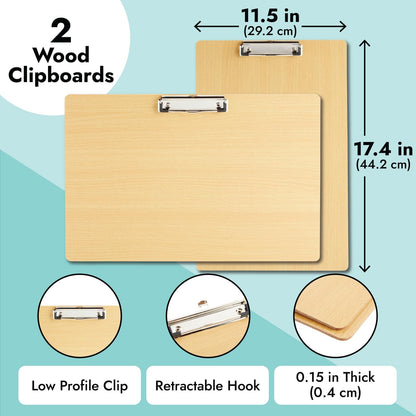 Paper Junkie Extra-Large Legal-Size Wooden Clipboard - Clipboard, Retractable Hook - Surface for Drawing Wooden Board - Multi-Orientation Legal Paper Support - 2-Pack,11.5 x 17.4 in