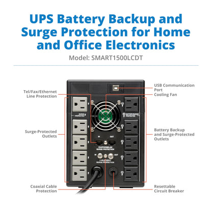 Tripp Lite 1000VA Smart UPS Battery Back Up, 500W Tower, 8 Outlets, LCD Display, AVR, USB, Tel / DSL / Coax Protection, 3 Year Warranty & $250,000 Insurance (SMART1000LCD) Black
