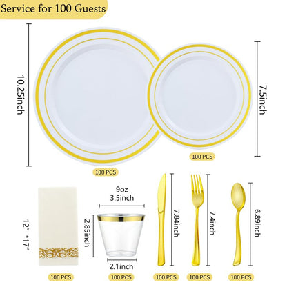 ISFANGCO 700 PCS Gold Plastic Dinnerware for 100 Guests, Gold and White Disposable Plates include 100 Dinner Plates,100 Dessert Plates,100 Silverware Set,100 Cups,100 Napkins