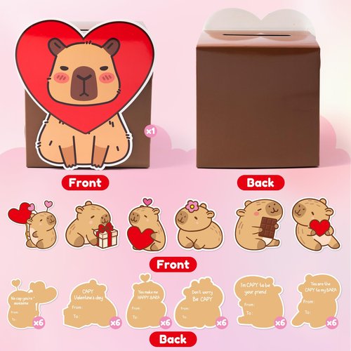 H1vojoxo DIY Valentine’s Day Mailbox - 48PCS Valentine’s Day Cards and Mailbox for Kid Classroom Exchange Valentines Gift Card Box for Boys Girls Valentines Capy Card Box for Valentine Party Favor