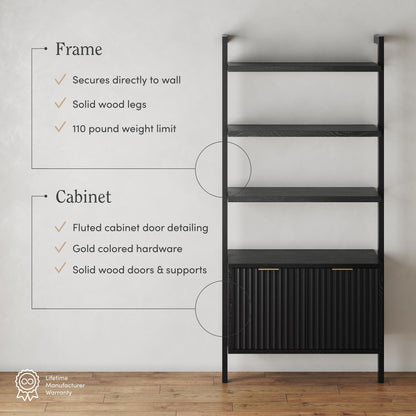 Nathan James Jasper 3-Shelf Solid Wood Boho Bookshelf, Wall Mounted Bookshelf with Cabinet with Fluted Doors, Black Oak, Set of 2