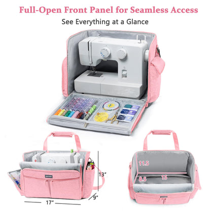 AMOIGEE Full-Open Sewing Machine Case with Wheels, Large Rolling Sewing Machine Bag with Detachable Foldable Dolly, Heavy-Duty Embroidery Tote for Brother Singer Janome Standard Machines Storage