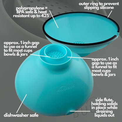 BUUBLE Ultimate Grease Drainer & Food Strainer (Aqua) Premium Heat-Resistant Silicone Colander for Bacon, Ground Beef, Pasta & Veggies; Fits Pans, Cans & Jars; Dishwasher Safe