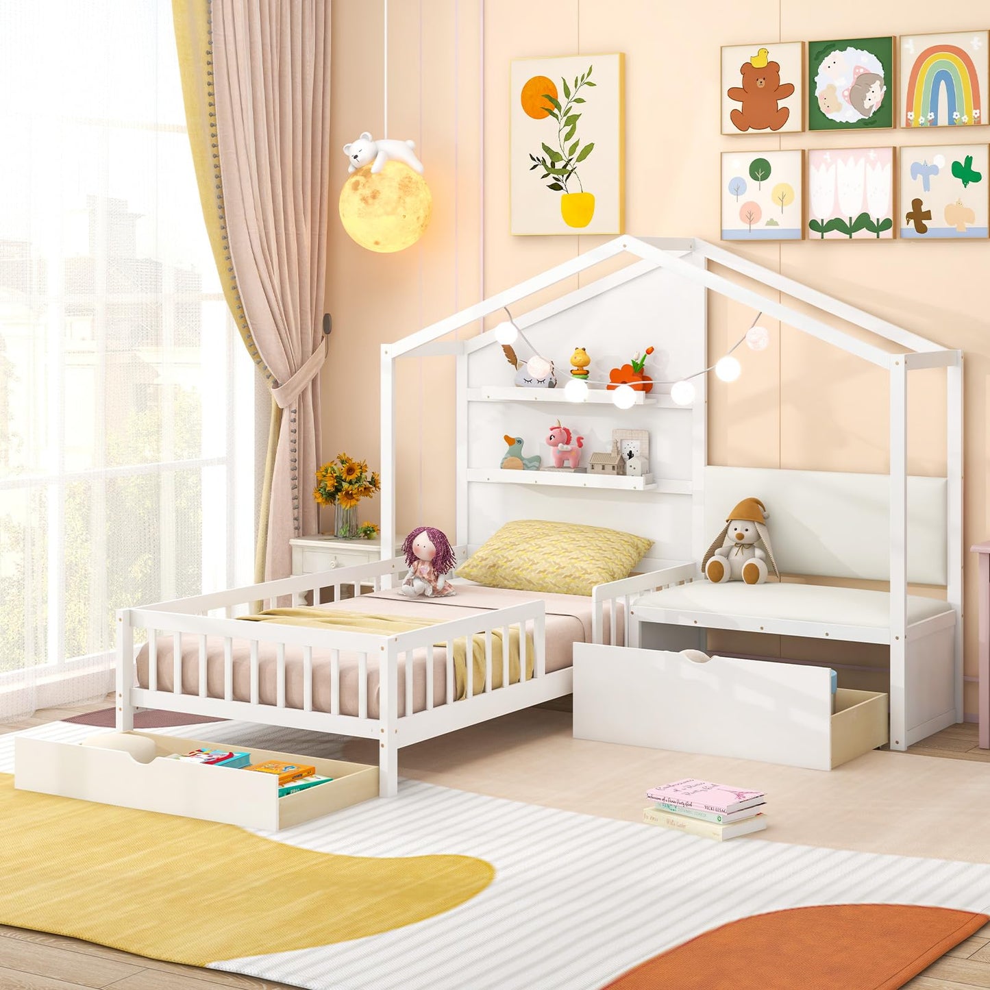 Giantex Twin House Bed for Kids, Wooden Kids Twin Bed Frame with Padded Bench, Floating Bookcase & 2 Rolling Storage Drawers, Wooden Montessori House Bed for Girls Boys, No Box Spring Needed, White