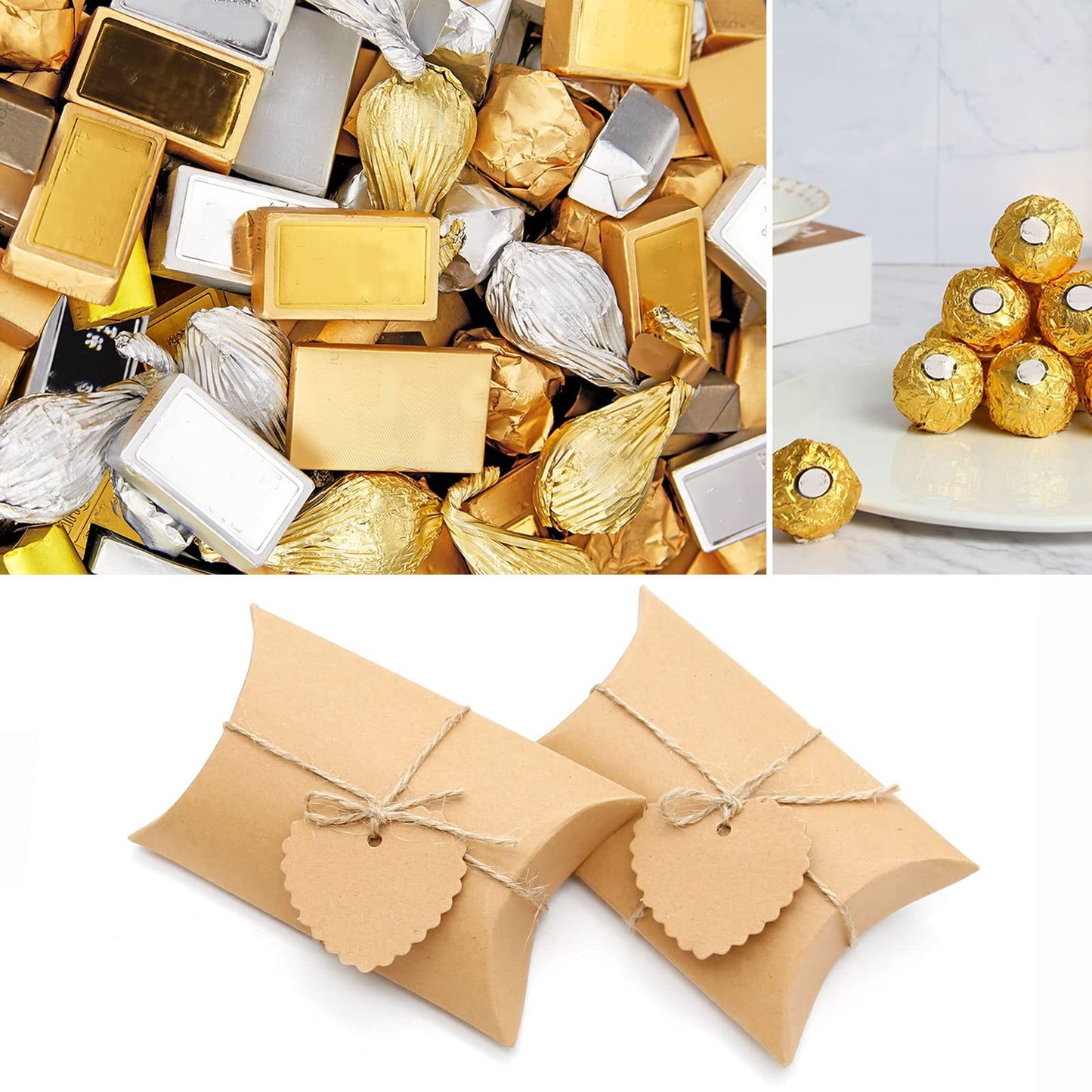 Saihisday 50PCS 5 x 3.5 Inches Kraft Pillow Boxes Large Kraft Pillow Candy Box Mini Foldable Gift Box Gift Boxes Jewelry Soap Packaging for Anniversary, Birthday, Graduation Halloween Party (Heart-shaped Blank Tag)