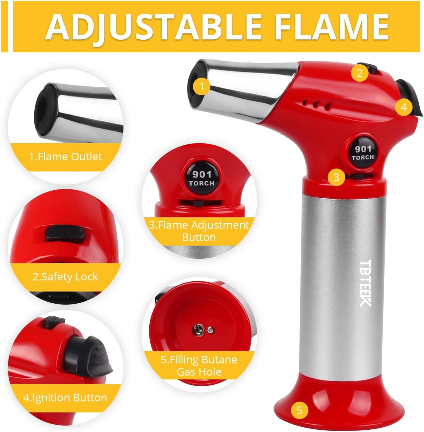 TBTEEK Butane Torch T901, Kitchen Torch with Safety Lock & Adjustable Flame for Cooking, BBQ, Baking, and DIY