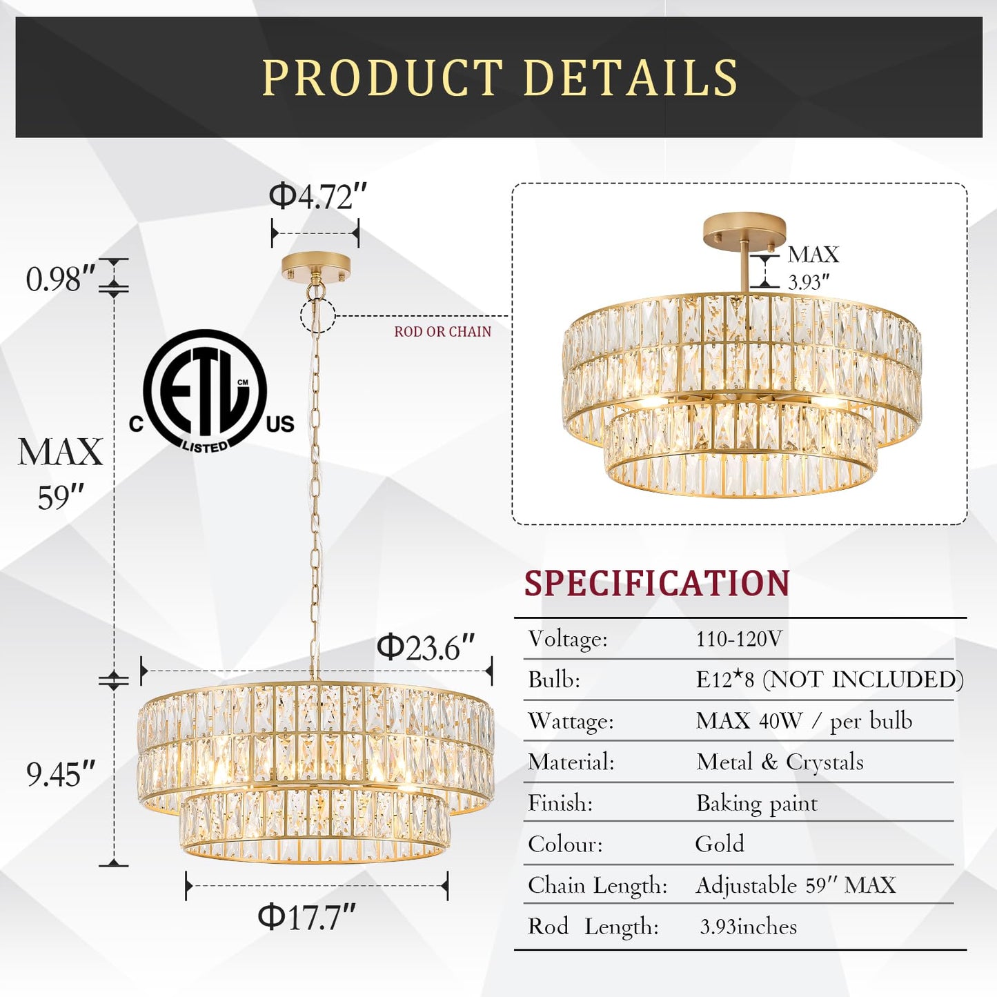 CATINER 24'' Modern Crystal Chandelier 8-Lights Luxury Gold Semi Flush Mount Ceiling Light Fixtures Round Crystal Pendant Chandelier for Living Room Dining Room Foyer Bedroom Kitchen