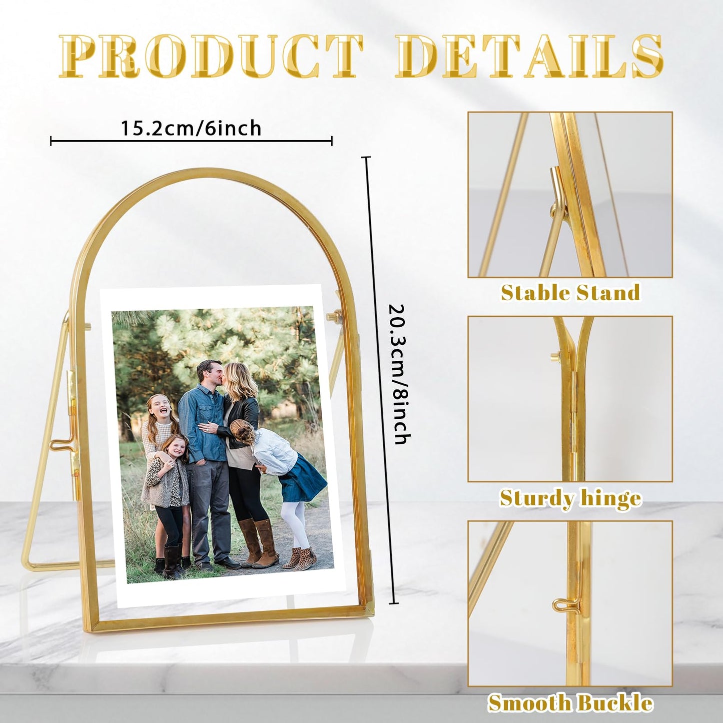 Himitimi Double Glass Frame for Pressed Flowers, 6x8 Inch Handmade Pressed Flower Frame Metal Floating Picture Frame for Tabletop Display DIY Artwork Home Decor(Arched, Gold)