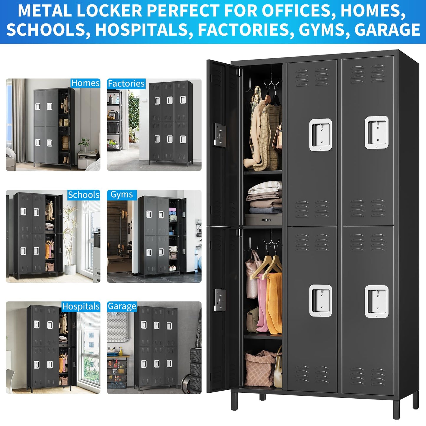 Heavy Duty Metal Storage Locker Cabinet – 6 Lockable Doors, Hooks, Shelf, Ventilated Design – Tall Steel Office Organizer for School, Gym, Garage – Secure Storage Rack, Black