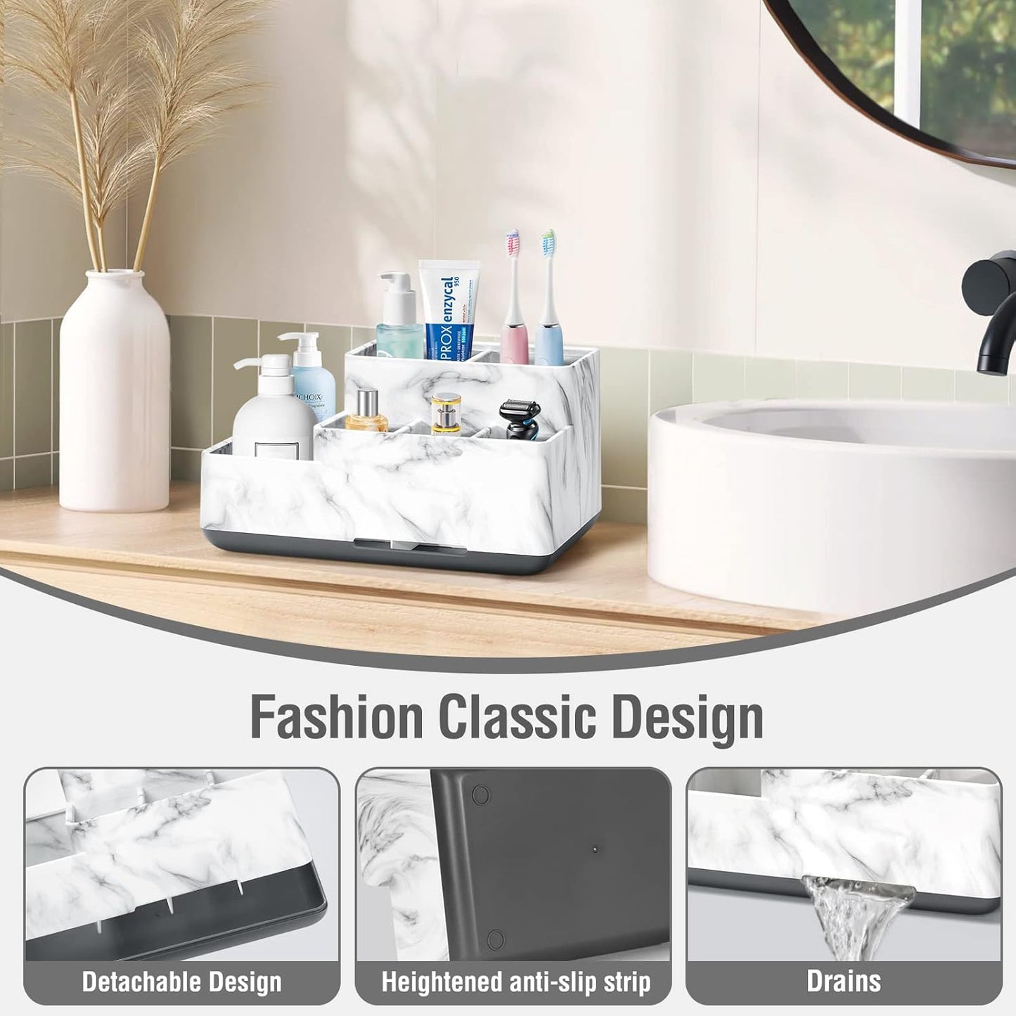 Electric Toothbrush Holder for Bathroom, White Marble Pattern Vanity Organizer Tray, Kids Desk Storage Compartment