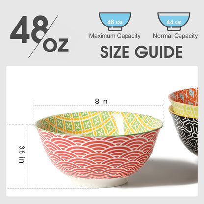 Metahom Salad Soup Bowls, Large Serving Bowls for Pho, Pasta Rarmen, 48 Oz Stackable Ceramic Bowls for Kitchen, Set of 3, Microwave & Dishwasher Safe
