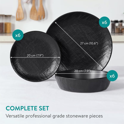 Navaris Linen Artisan Stoneware Dinnerware Set (18 Pieces) - Dishwasher & Microwave Safe Plates & Bowls for 6 with Dinner, Side Plates & Pasta Bowls - Charcoal Black